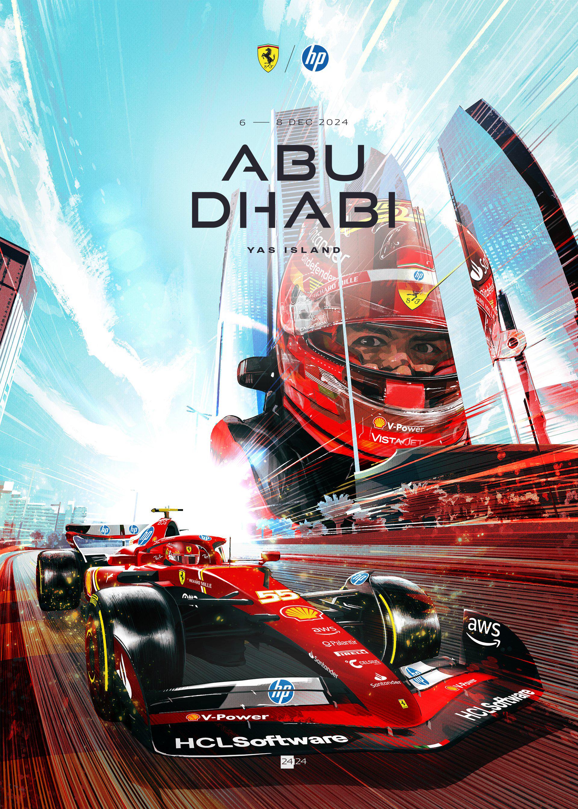 Ferrari 2024 Abu Dhabi Grand Prix cover art poster — part of full season set